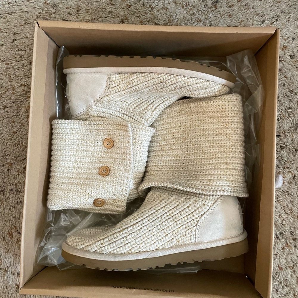 UGG Beige Knit Boots with Button Accent